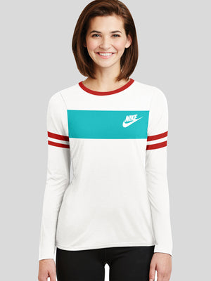 NK Summer Crew Neck Tee Shirt For Ladies-White with Dark Cyan Green Panels-BR14