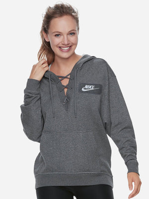 NK Terry Fleece Lace Up Hoodie For Ladies-Charcoal Melange-SP326