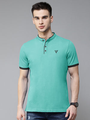 Summer Henley Neck Polo Shirt For Men-Cyan Green-AN4152