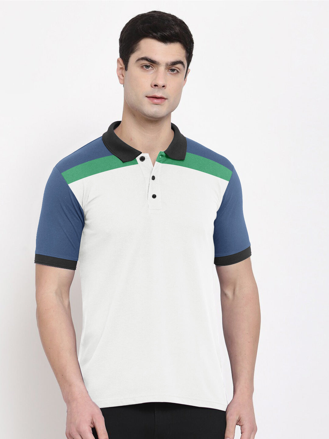 Summer Polo Shirt For Men-White & Blue With Green-RT50