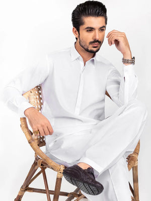 Unstitched China Soft Paper Cotton Suit For Men-White-SP1786