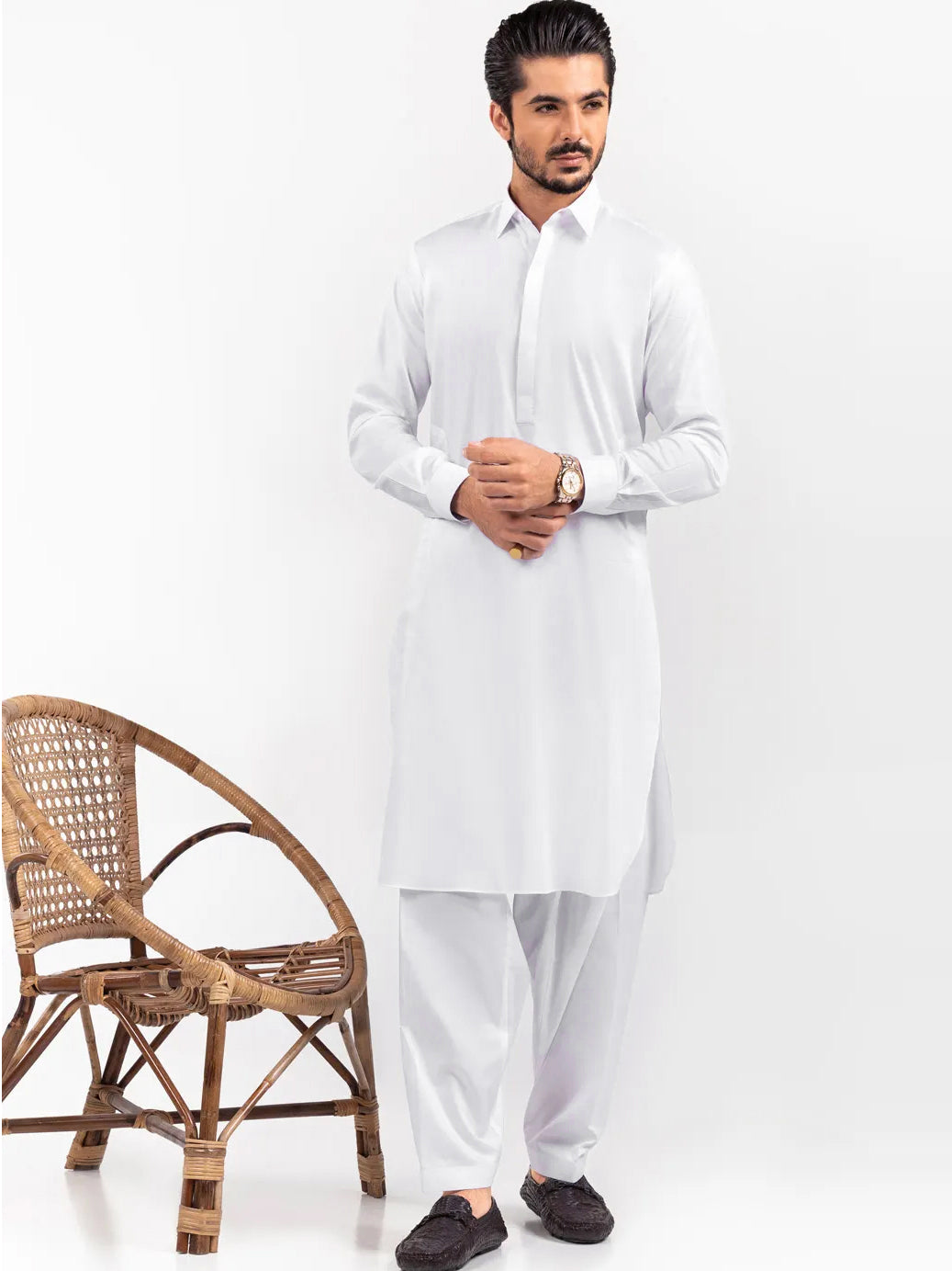 Unstitched China Soft Paper Cotton Suit For Men-White-SP1786