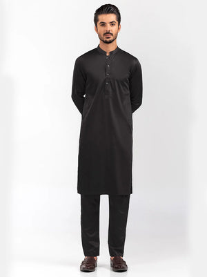 Unstitched China Soft Paper Cotton Suit For Men-Black-AN4014