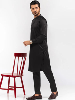 Unstitched China Soft Paper Cotton Suit For Men-Black-AN4014